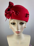 Womens Red Felted Wool Beret Hat. Structured Warm Winter Percher Hat. Classic Ladies Red Beret with Black and White Striped Bow.