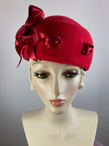 Womens Red Felted Wool Beret Hat. Structured Warm Winter Percher Hat. Classic Ladies Red Beret with Black and White Striped Bow.