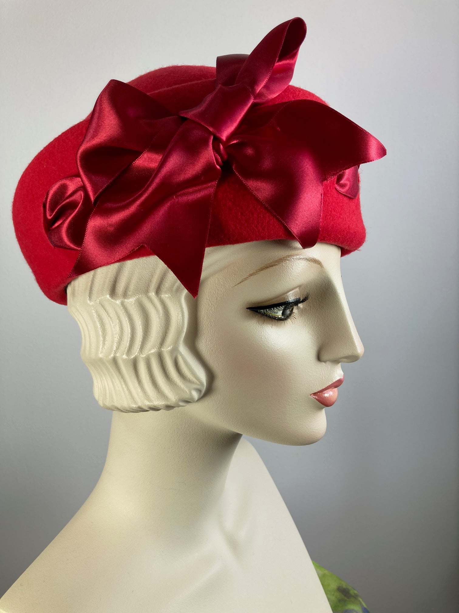Womens Red Felted Wool Beret Hat. Structured Warm Winter Percher Hat. Classic Ladies Red Beret with Black and White Striped Bow.