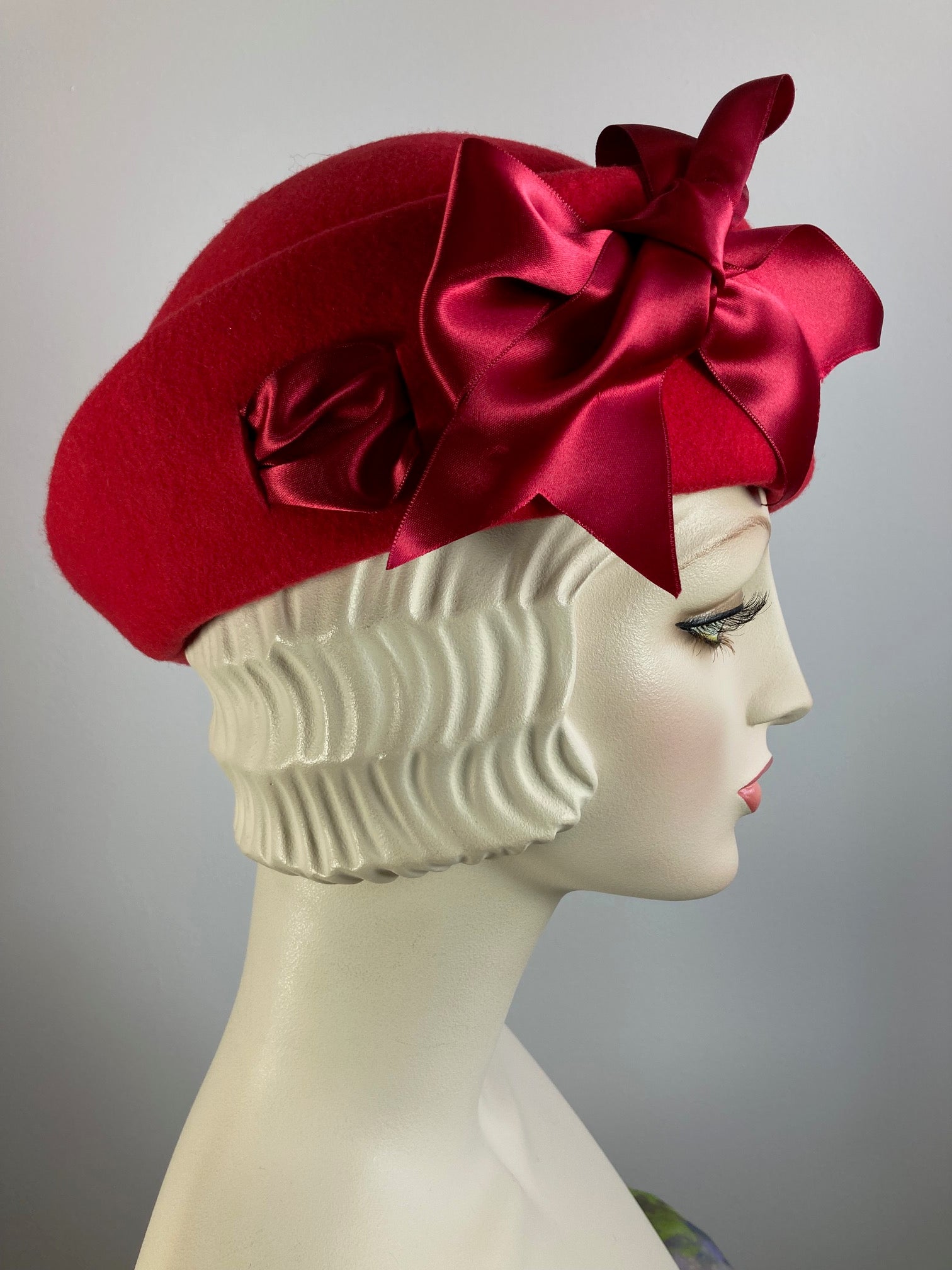 Womens Red Felted Wool Beret Hat. Structured Warm Winter Percher Hat. Classic Ladies Red Beret with Black and White Striped Bow.