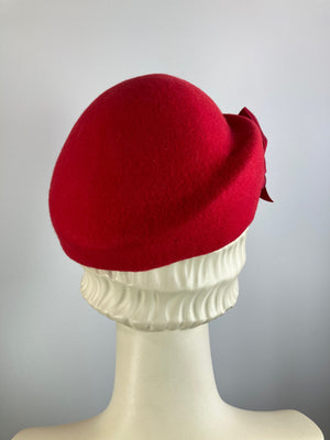 Womens Red Felted Wool Beret Hat. Structured Warm Winter Percher Hat. Classic Ladies Red Beret with Black and White Striped Bow.