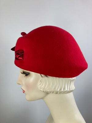Womens Red Felted Wool Beret Hat. Structured Warm Winter Percher Hat. Classic Ladies Red Beret with Black and White Striped Bow.