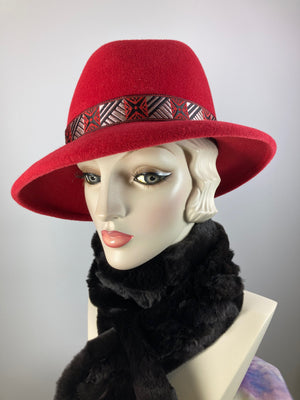 Women's Almost Fedora Warm Wool Felt Hat in Red for Winter. Ladies Winter Fedora Hat, What a Great Hat. Timeless Classic red medium brim hat