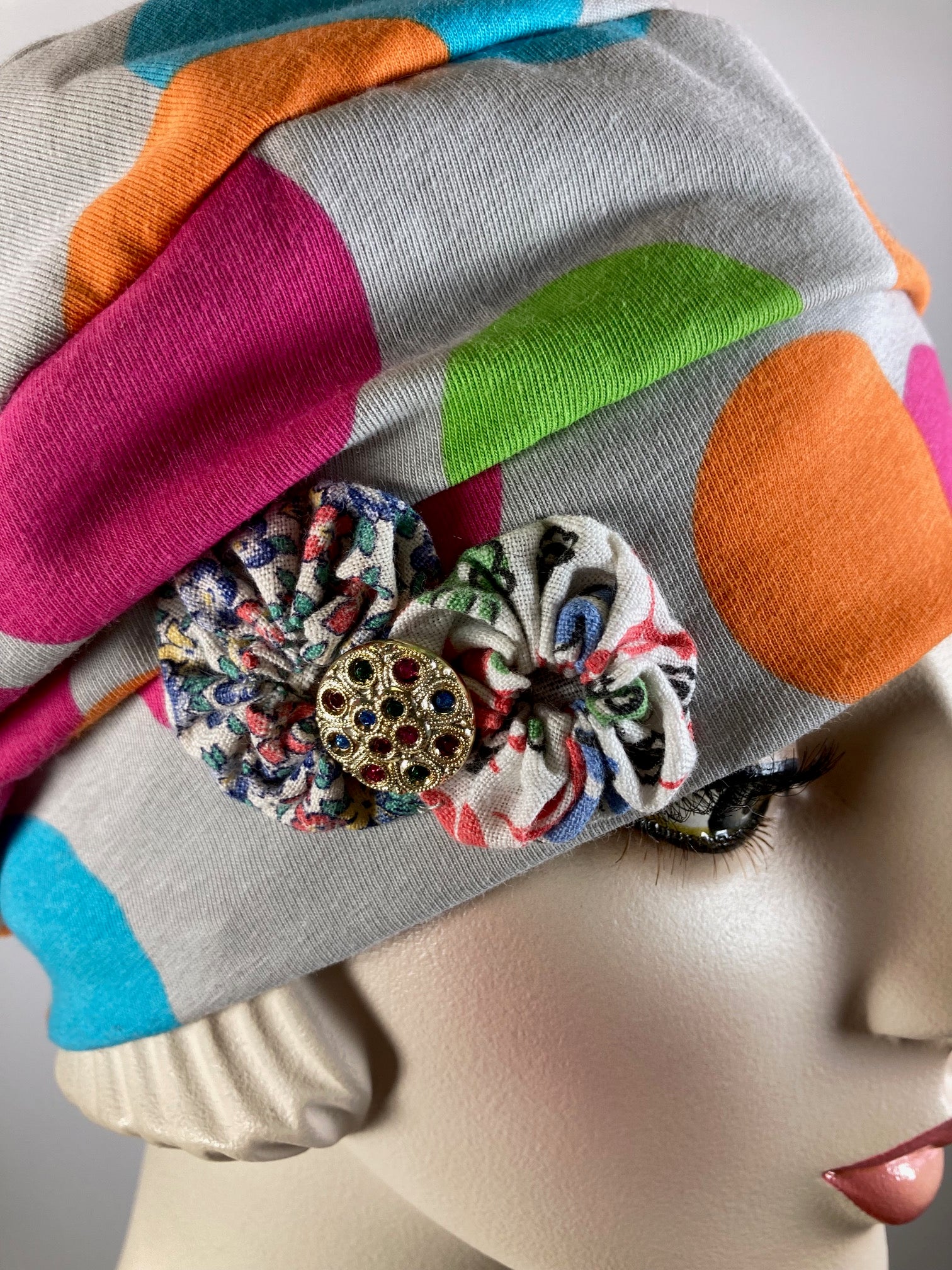 Womens Comfortable Slouchy Beret. Colorful knit polka dot Hat. Slouch Hat. Boho chic casual hat. Ladies travel hat. Stylish fabric hat.