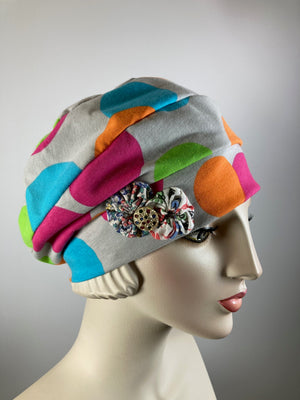 Womens Comfortable Slouchy Beret. Colorful knit polka dot Hat. Slouch Hat. Boho chic casual hat. Ladies travel hat. Stylish fabric hat.