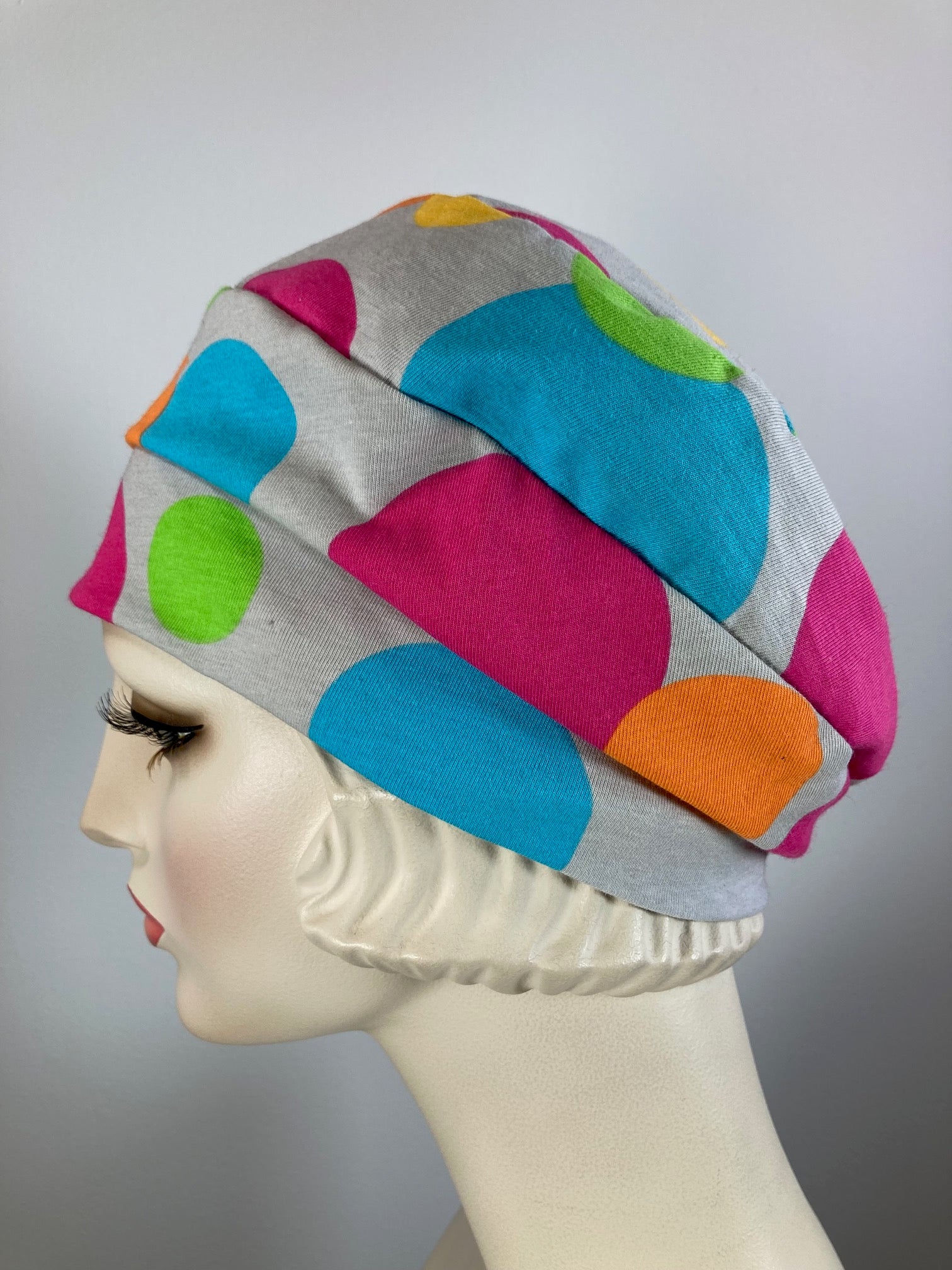 Womens Comfortable Slouchy Beret. Colorful knit polka dot Hat. Slouch Hat. Boho chic casual hat. Ladies travel hat. Stylish fabric hat.
