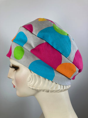 Womens Comfortable Slouchy Beret. Colorful knit polka dot Hat. Slouch Hat. Boho chic casual hat. Ladies travel hat. Stylish fabric hat.