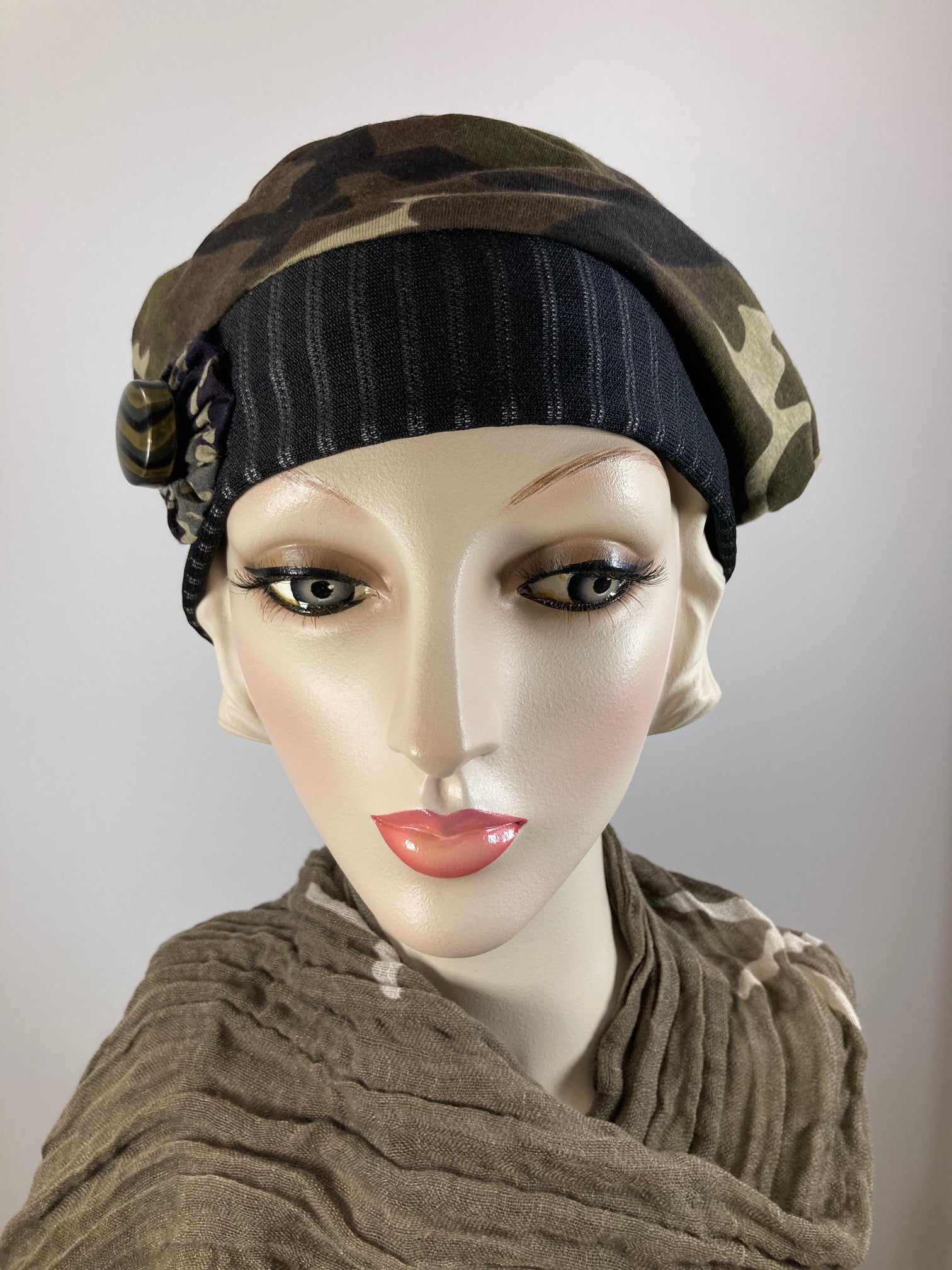 Womens Comfortable Slouchy Beret. Knit green black gray camo Hat. Slouch Hat. Boho chic casual hat. Ladies travel hat. Stylish fabric hat.