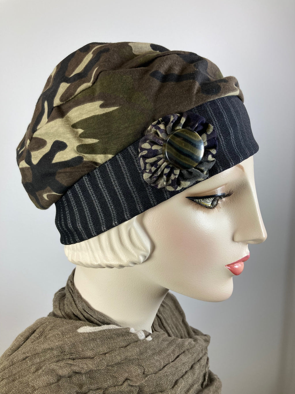 Womens Comfortable Slouchy Beret. Knit green black gray camo Hat. Slouch Hat. Boho chic casual hat. Ladies travel hat. Stylish fabric hat.