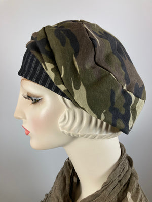 Womens Comfortable Slouchy Beret. Knit green black gray camo Hat. Slouch Hat. Boho chic casual hat. Ladies travel hat. Stylish fabric hat.