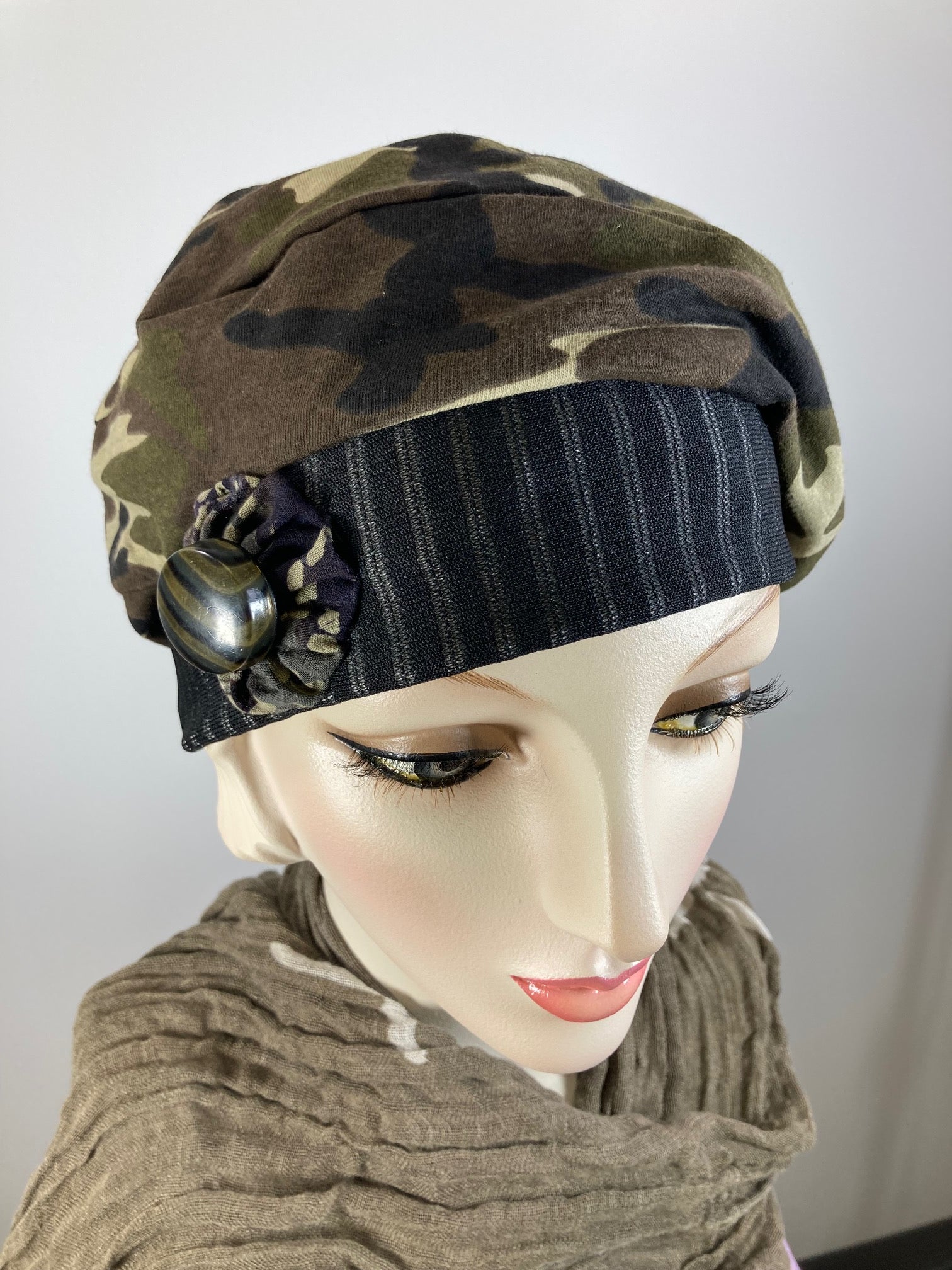 Womens Comfortable Slouchy Beret. Knit green black gray camo Hat. Slouch Hat. Boho chic casual hat. Ladies travel hat. Stylish fabric hat.