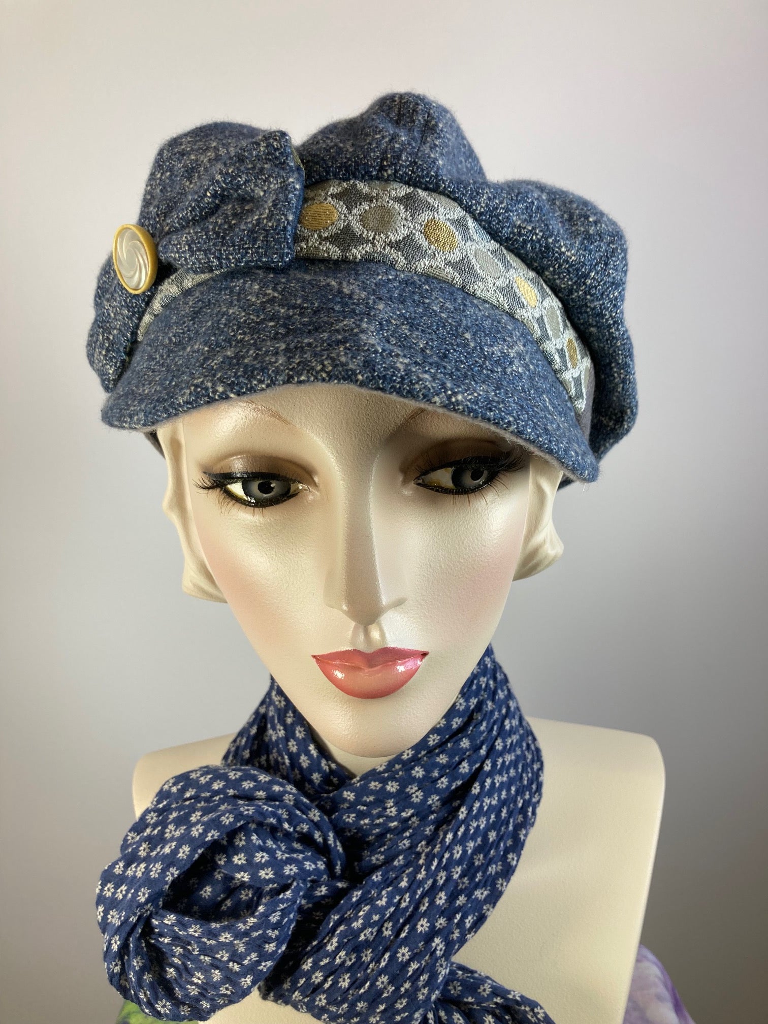Womens Multi Fabric one of a kind newsboy hat. Comfy travel ladies hat. Cozy Chic blue casual winter hat. Gatsby Shabby chic soft ladies hat