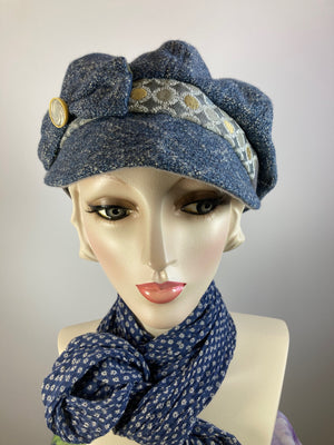 Womens Multi Fabric one of a kind newsboy hat. Comfy travel ladies hat. Cozy Chic blue casual winter hat. Gatsby Shabby chic soft ladies hat