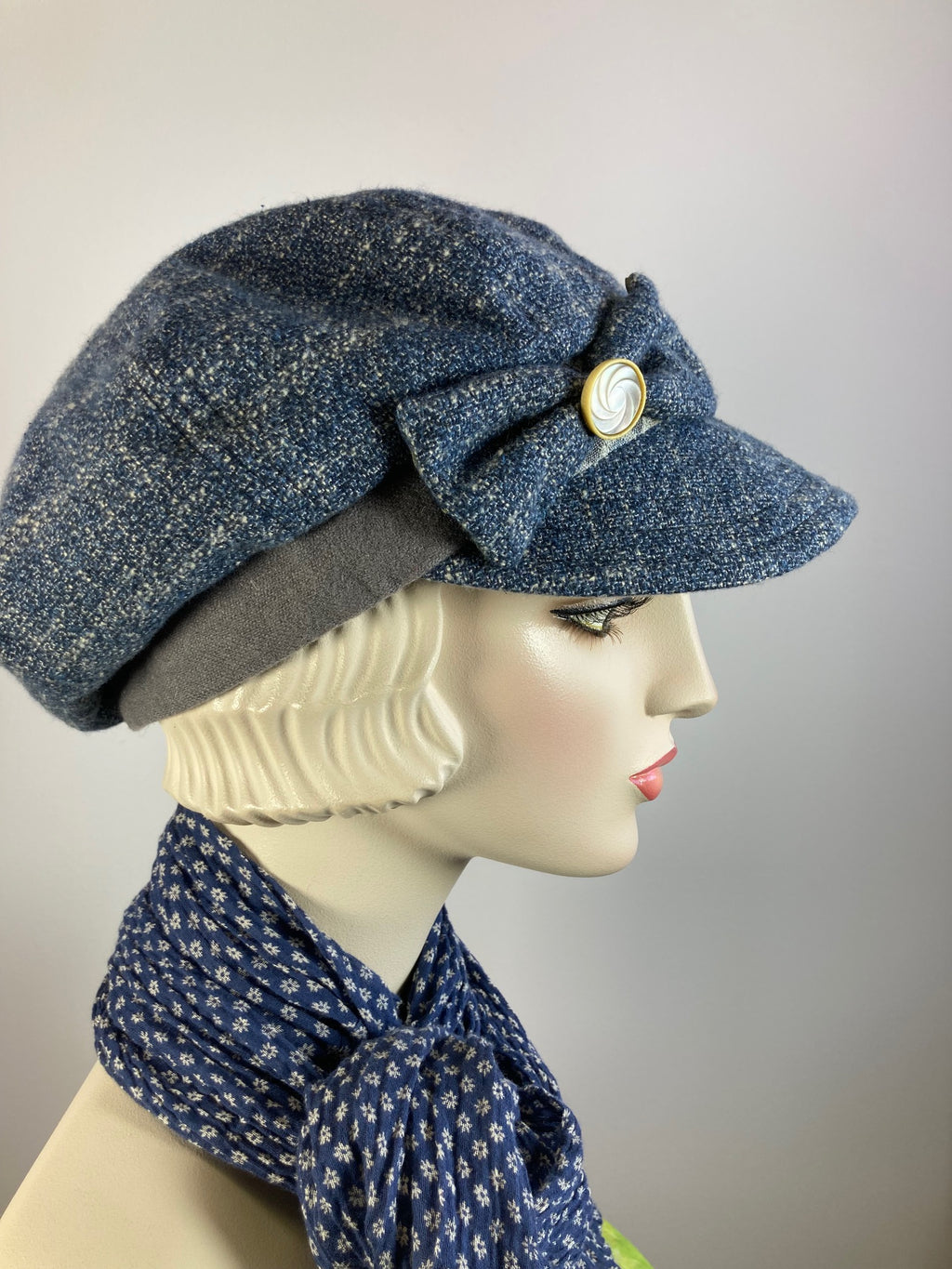Womens Multi Fabric one of a kind newsboy hat. Comfy travel ladies hat. Cozy Chic blue casual winter hat. Gatsby Shabby chic soft ladies hat