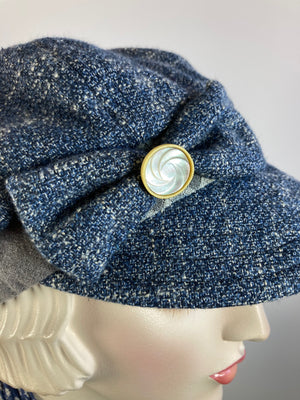 Womens Multi Fabric one of a kind newsboy hat. Comfy travel ladies hat. Cozy Chic blue casual winter hat. Gatsby Shabby chic soft ladies hat