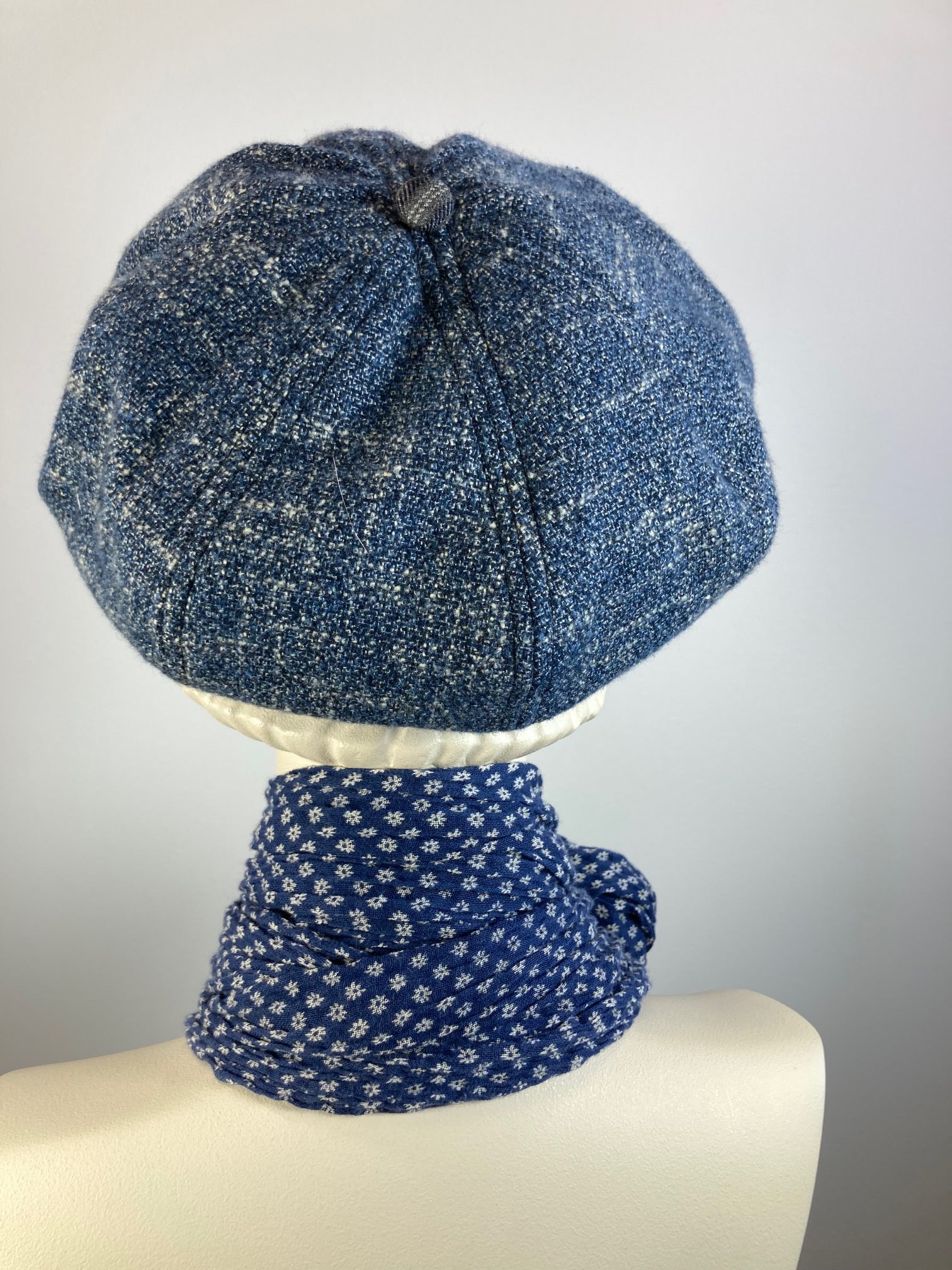 Womens Multi Fabric one of a kind newsboy hat. Comfy travel ladies hat. Cozy Chic blue casual winter hat. Gatsby Shabby chic soft ladies hat