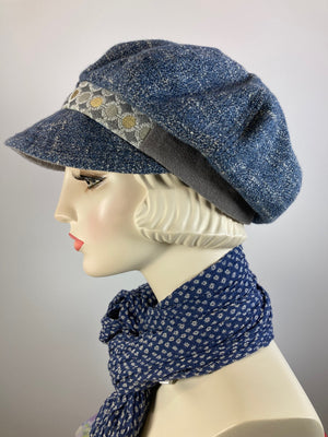 Womens Multi Fabric one of a kind newsboy hat. Comfy travel ladies hat. Cozy Chic blue casual winter hat. Gatsby Shabby chic soft ladies hat