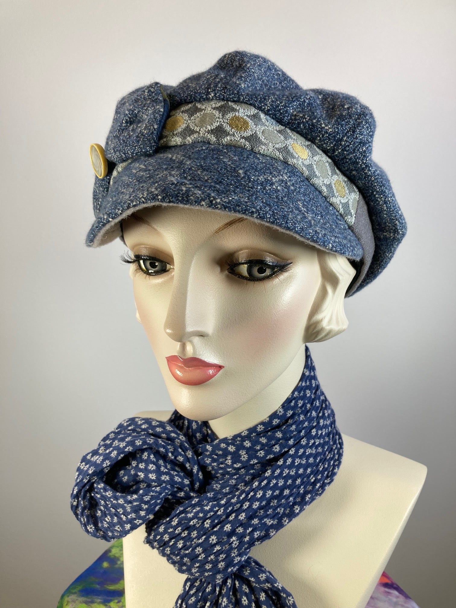 Womens Multi Fabric one of a kind newsboy hat. Comfy travel ladies hat. Cozy Chic blue casual winter hat. Gatsby Shabby chic soft ladies hat