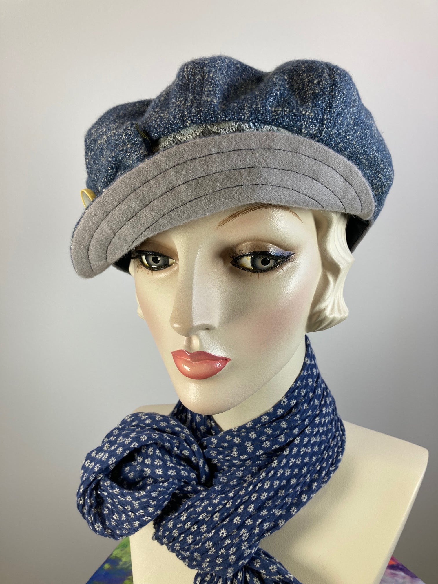 Womens Multi Fabric one of a kind newsboy hat. Comfy travel ladies hat. Cozy Chic blue casual winter hat. Gatsby Shabby chic soft ladies hat