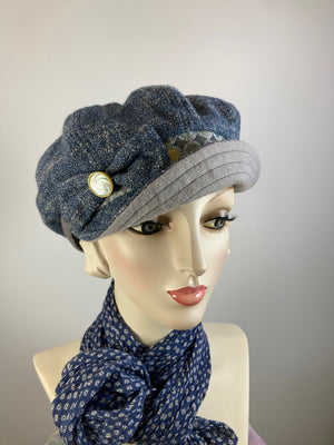 Womens Multi Fabric one of a kind newsboy hat. Comfy travel ladies hat. Cozy Chic blue casual winter hat. Gatsby Shabby chic soft ladies hat