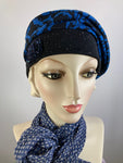 Womens Comfortable Slouchy knit blue and black Beret Hat. Boho chic casual slouch hat. Ladies travel hat. Stylish royal blue fabric hat.