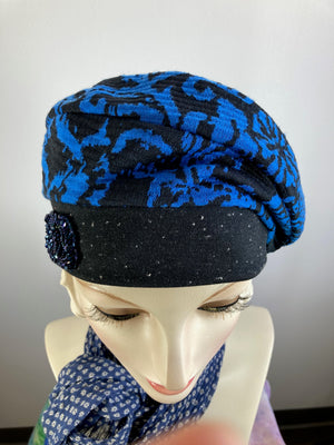 Womens Comfortable Slouchy knit blue and black Beret Hat. Boho chic casual slouch hat. Ladies travel hat. Stylish royal blue fabric hat.