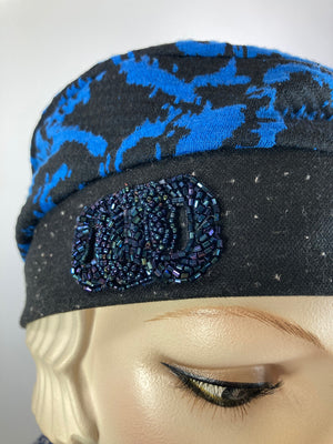 Womens Comfortable Slouchy knit blue and black Beret Hat. Boho chic casual slouch hat. Ladies travel hat. Stylish royal blue fabric hat.