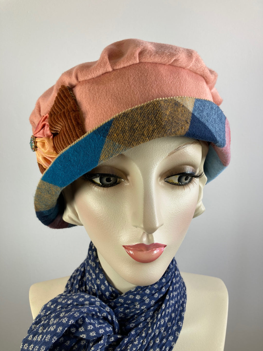 Shabby chic Downton Abbey Hat. Peach tan blue Cloche Hat. Winter bucket hat. Stylish plaid Fabric Hat. Womens Travel Hat. Great Gatsby Hat.