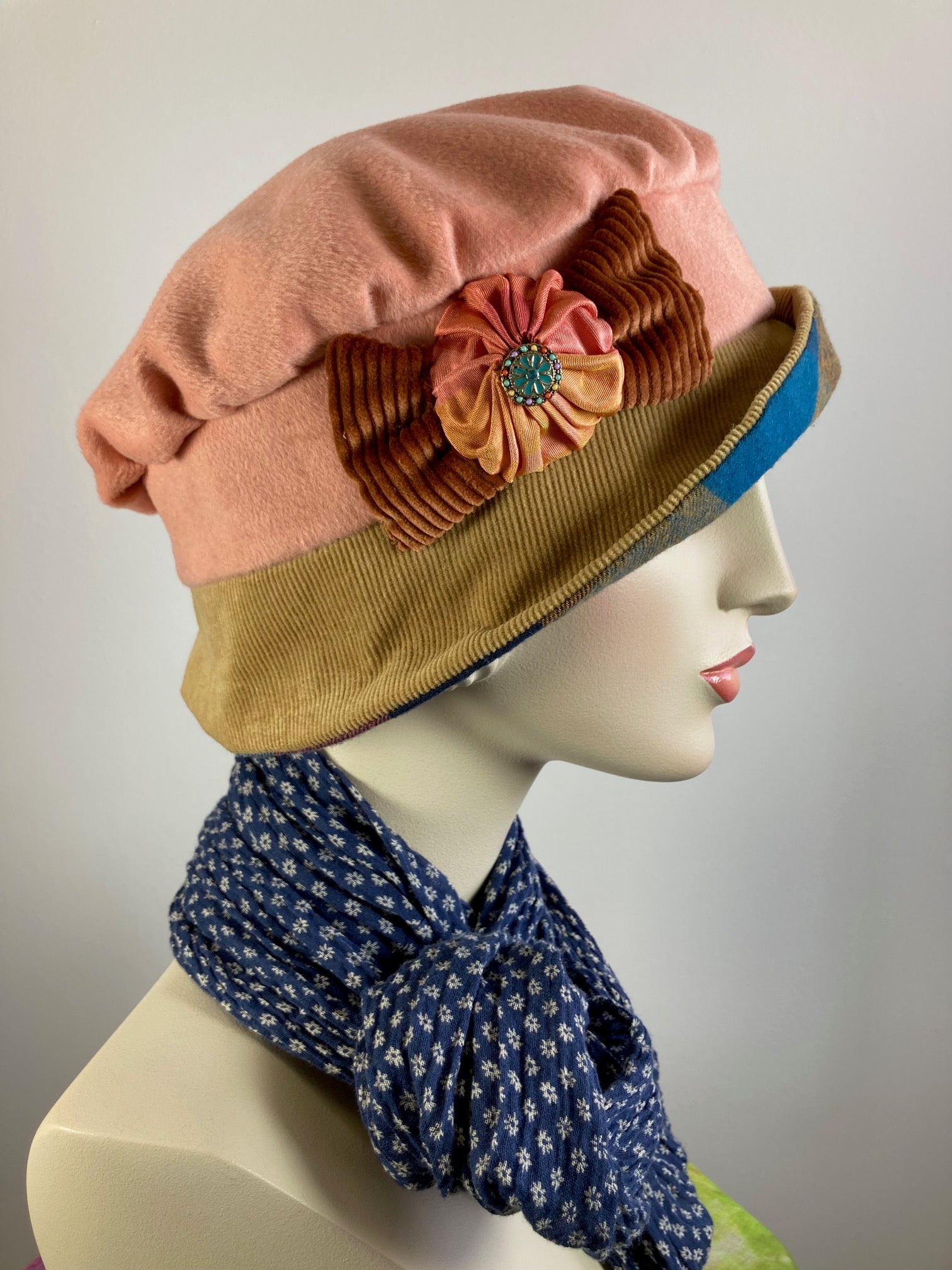 Shabby chic Downton Abbey Hat. Peach tan blue Cloche Hat. Winter bucket hat. Stylish plaid Fabric Hat. Womens Travel Hat. Great Gatsby Hat.