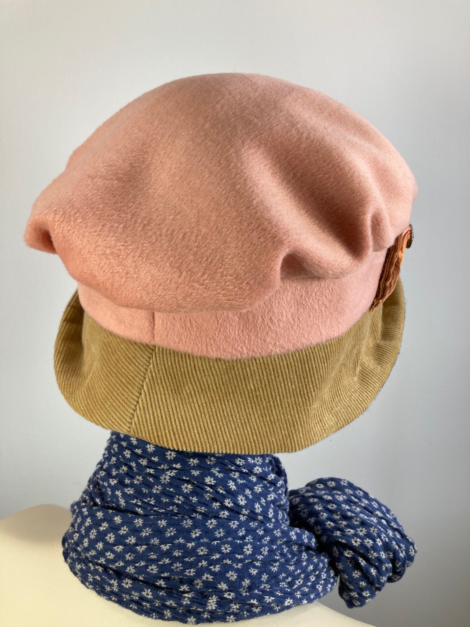 Shabby chic Downton Abbey Hat. Peach tan blue Cloche Hat. Winter bucket hat. Stylish plaid Fabric Hat. Womens Travel Hat. Great Gatsby Hat.