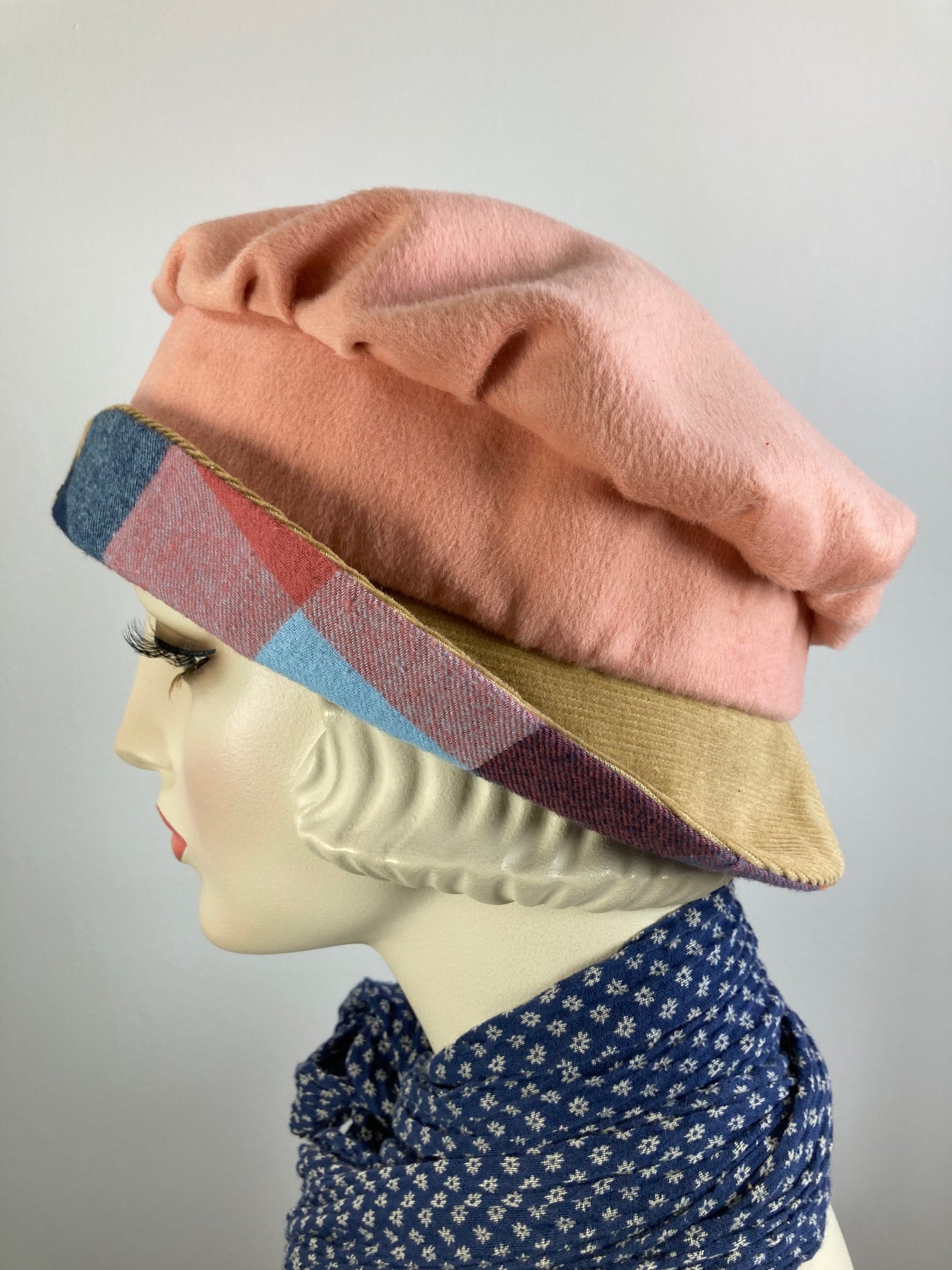 Shabby chic Downton Abbey Hat. Peach tan blue Cloche Hat. Winter bucket hat. Stylish plaid Fabric Hat. Womens Travel Hat. Great Gatsby Hat.