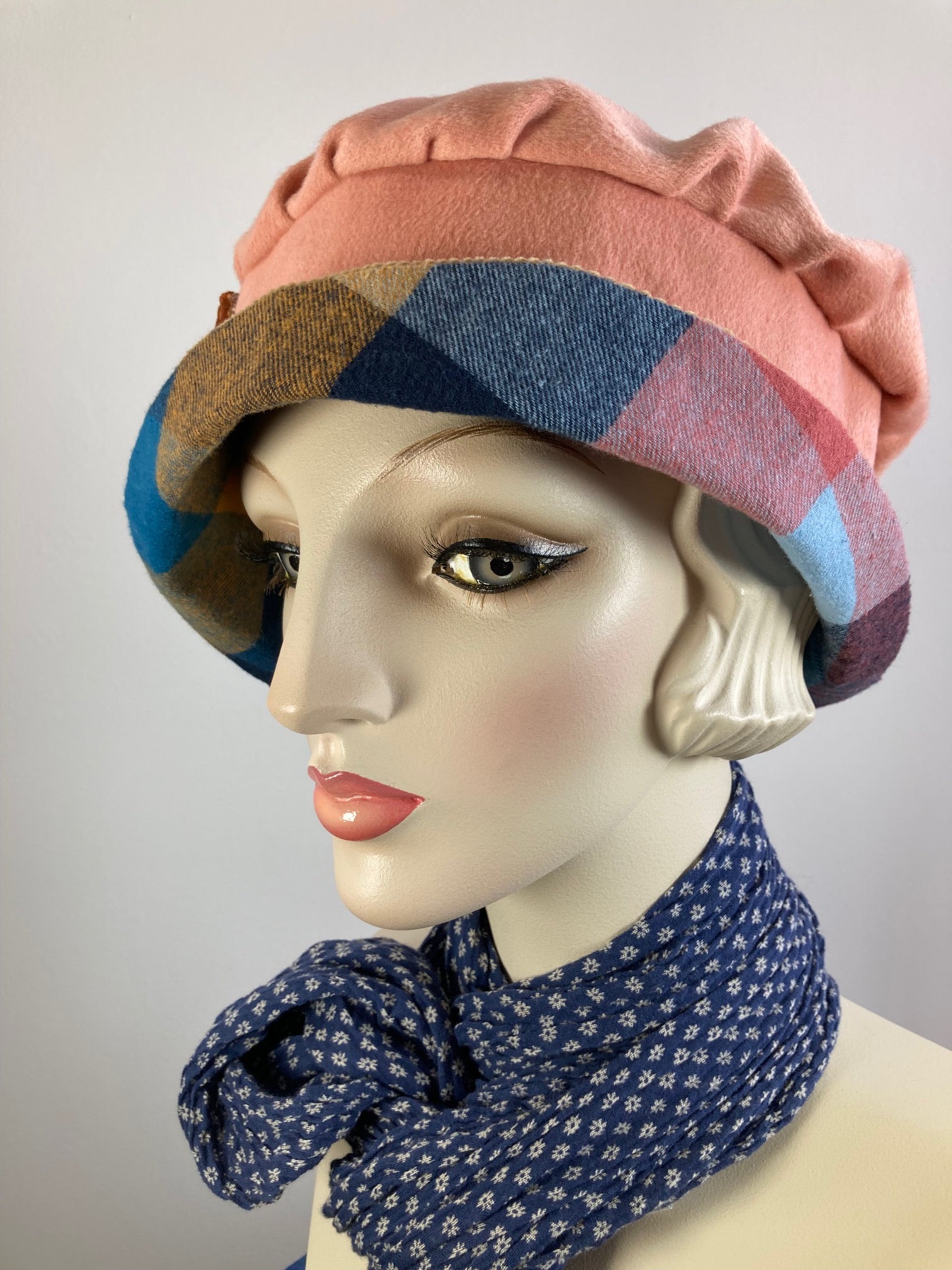 Shabby chic Downton Abbey Hat. Peach tan blue Cloche Hat. Winter bucket hat. Stylish plaid Fabric Hat. Womens Travel Hat. Great Gatsby Hat.