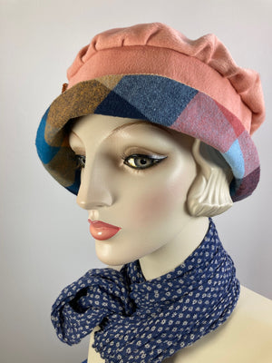 Shabby chic Downton Abbey Hat. Peach tan blue Cloche Hat. Winter bucket hat. Stylish plaid Fabric Hat. Womens Travel Hat. Great Gatsby Hat.