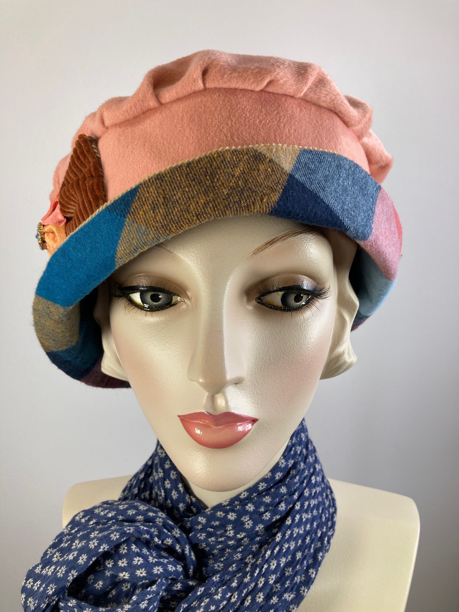 Shabby chic Downton Abbey Hat. Peach tan blue Cloche Hat. Winter bucket hat. Stylish plaid Fabric Hat. Womens Travel Hat. Great Gatsby Hat.