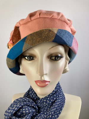 Shabby chic Downton Abbey Hat. Peach tan blue Cloche Hat. Winter bucket hat. Stylish plaid Fabric Hat. Womens Travel Hat. Great Gatsby Hat.