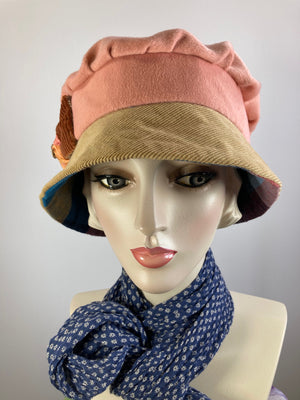 Shabby chic Downton Abbey Hat. Peach tan blue Cloche Hat. Winter bucket hat. Stylish plaid Fabric Hat. Womens Travel Hat. Great Gatsby Hat.