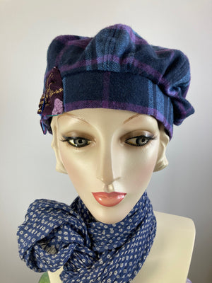 Womens blue purple flannel winter beret. Soft wool tam hat ladies. Cozy neutral hat. Chic casual beret hat. Gatsby shabby chic womens hat.