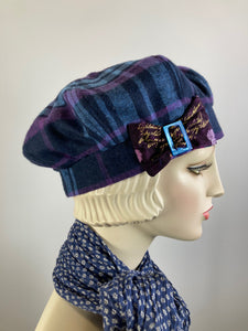 Womens blue purple flannel winter beret. Soft wool tam hat ladies. Cozy neutral hat. Chic casual beret hat. Gatsby shabby chic womens hat.