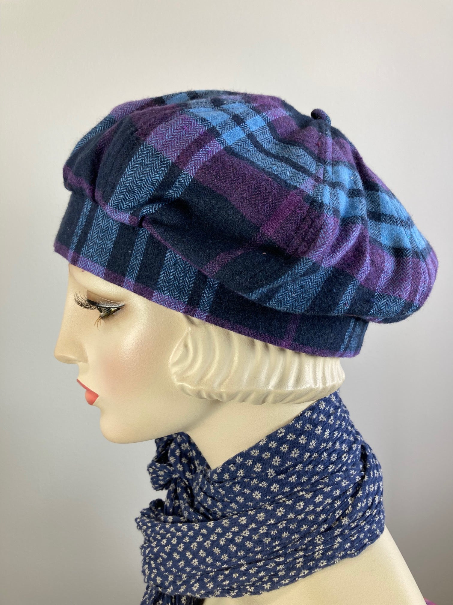 Womens blue purple flannel winter beret. Soft wool tam hat ladies. Cozy neutral hat. Chic casual beret hat. Gatsby shabby chic womens hat.