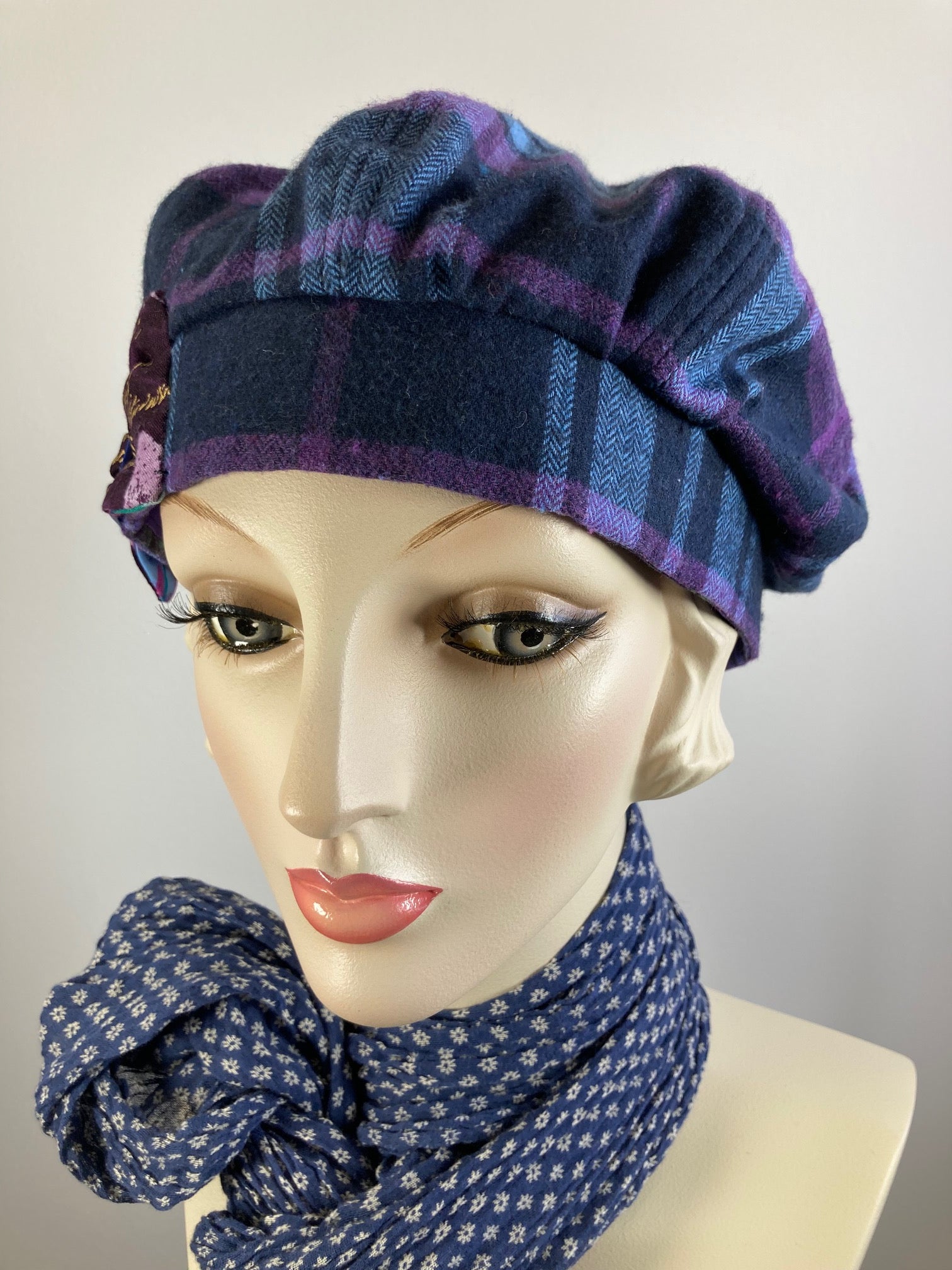Womens blue purple flannel winter beret. Soft wool tam hat ladies. Cozy neutral hat. Chic casual beret hat. Gatsby shabby chic womens hat.