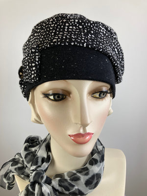 Womens Comfortable Slouchy knit black and white Beret Hat. Boho chic casual slouch hat. Ladies travel hat. Stylish one size knit fabric hat.
