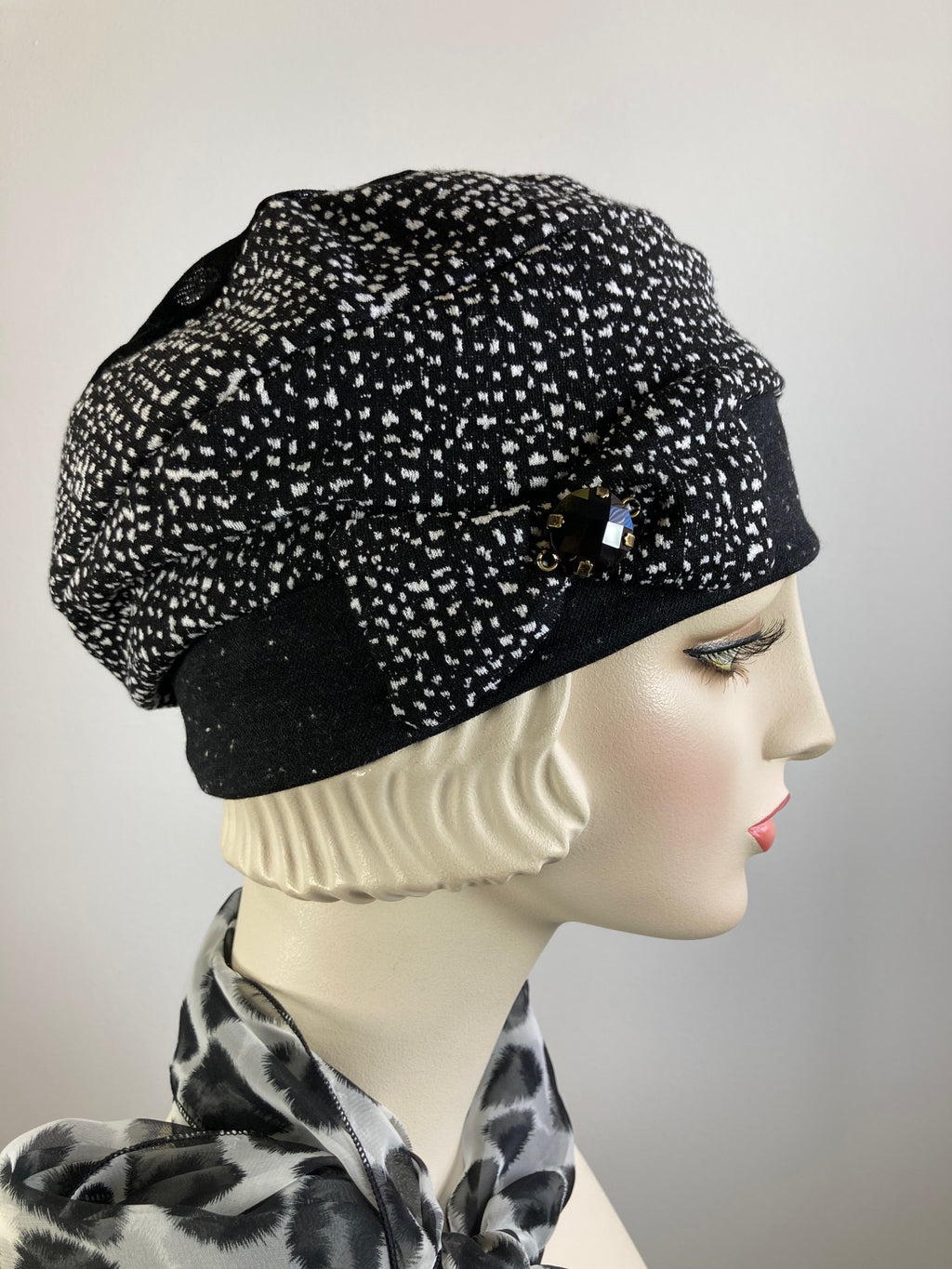 Womens Comfortable Slouchy knit black and white Beret Hat. Boho chic casual slouch hat. Ladies travel hat. Stylish one size knit fabric hat.