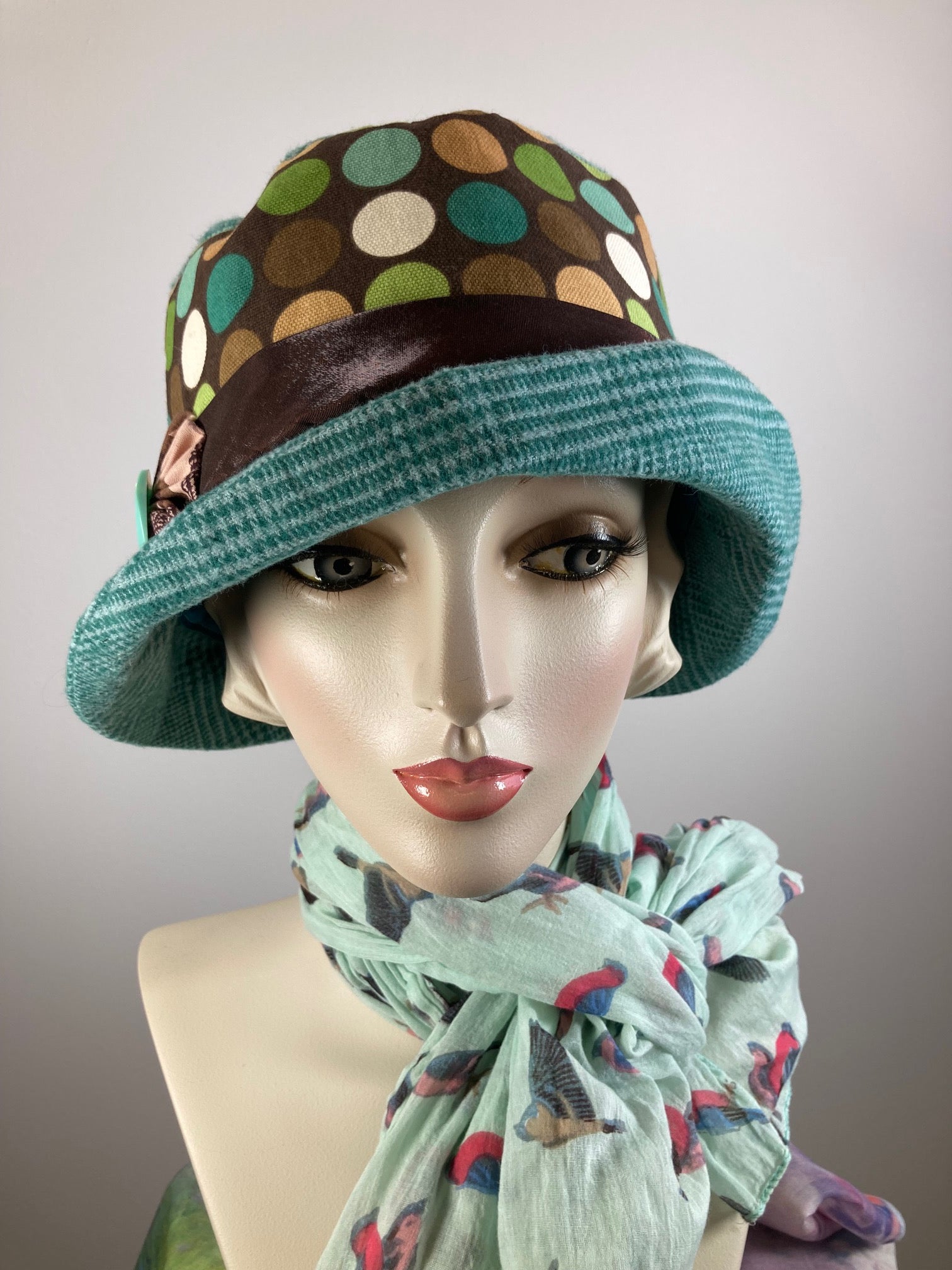 Teal, brown and green women's winter cloche hat. Ladies small brim bucket hat. Great Gatsby hat. Downton Abbey Hat.