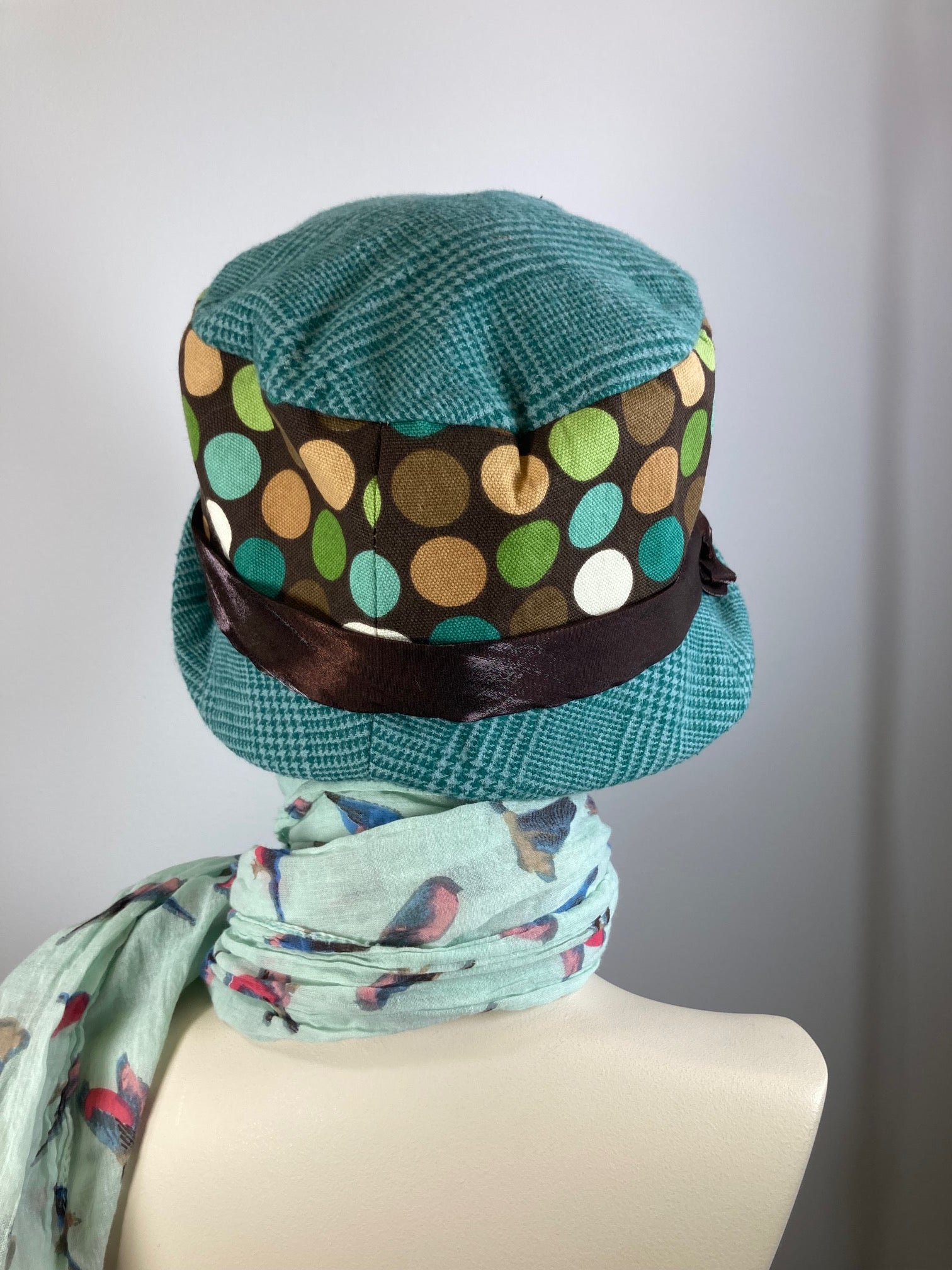 Teal, brown and green women's winter cloche hat. Ladies small brim bucket hat. Great Gatsby hat. Downton Abbey Hat.