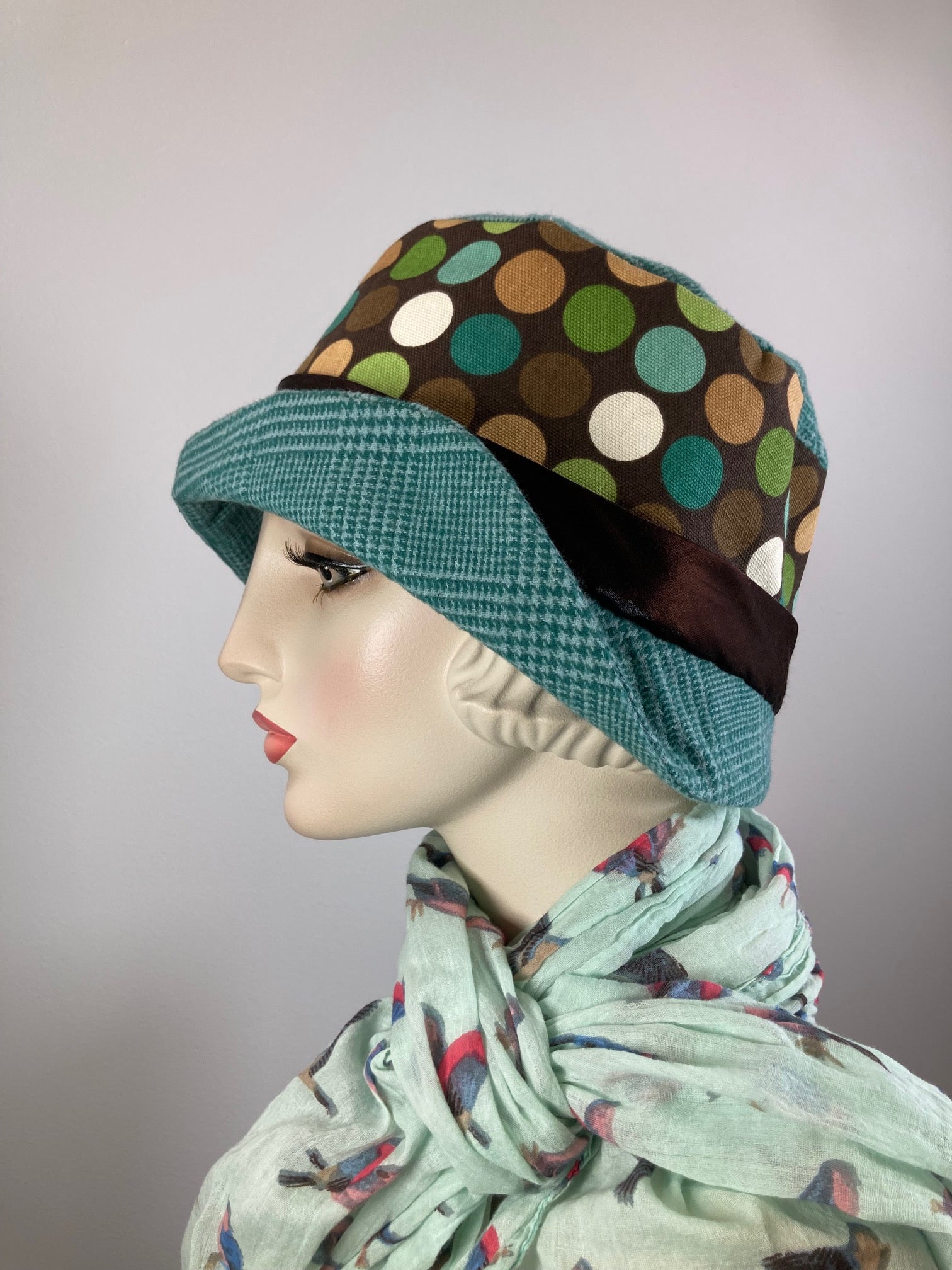 Teal, brown and green women's winter cloche hat. Ladies small brim bucket hat. Great Gatsby hat. Downton Abbey Hat.