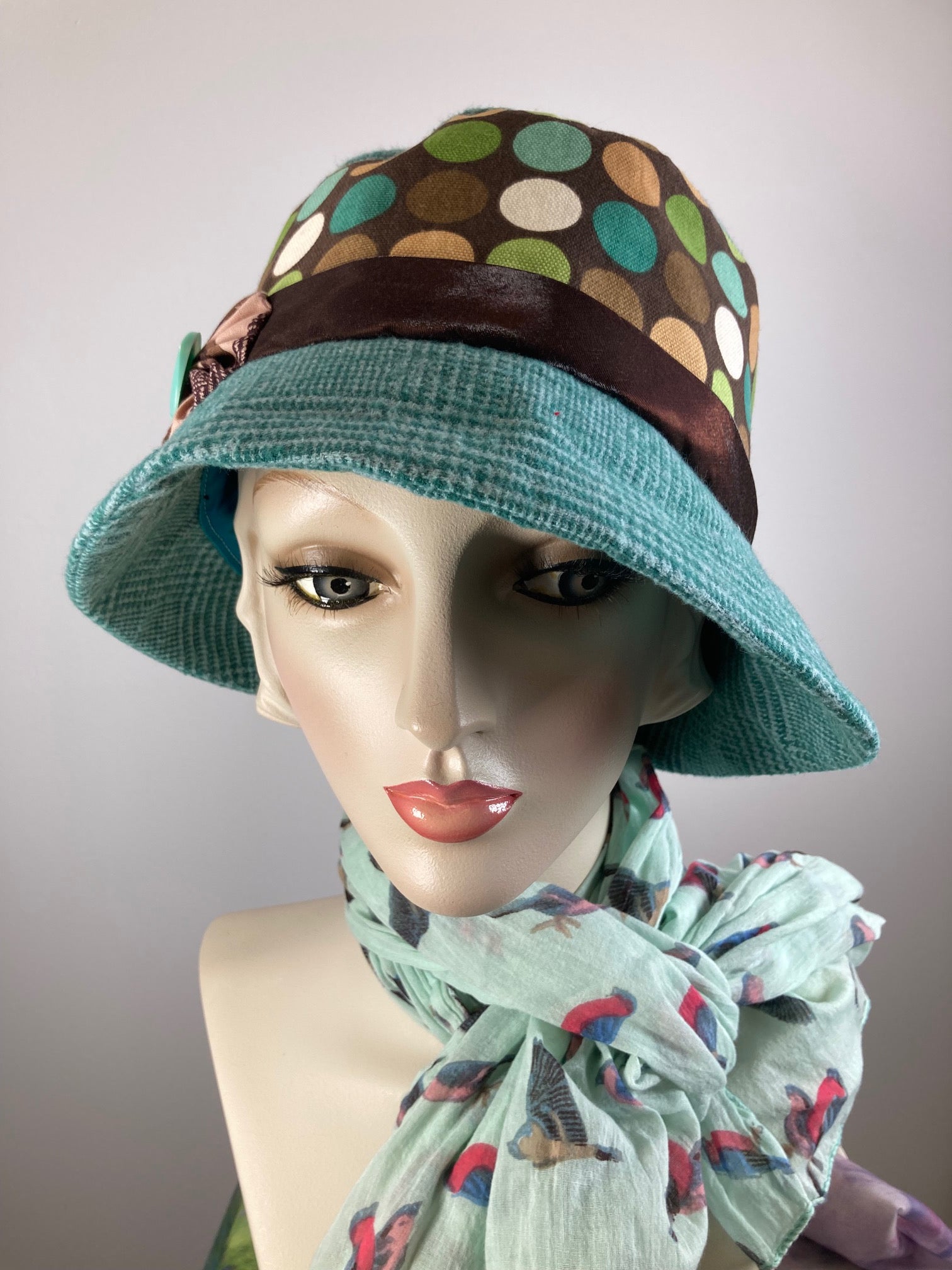 Teal, brown and green women's winter cloche hat. Ladies small brim bucket hat. Great Gatsby hat. Downton Abbey Hat.