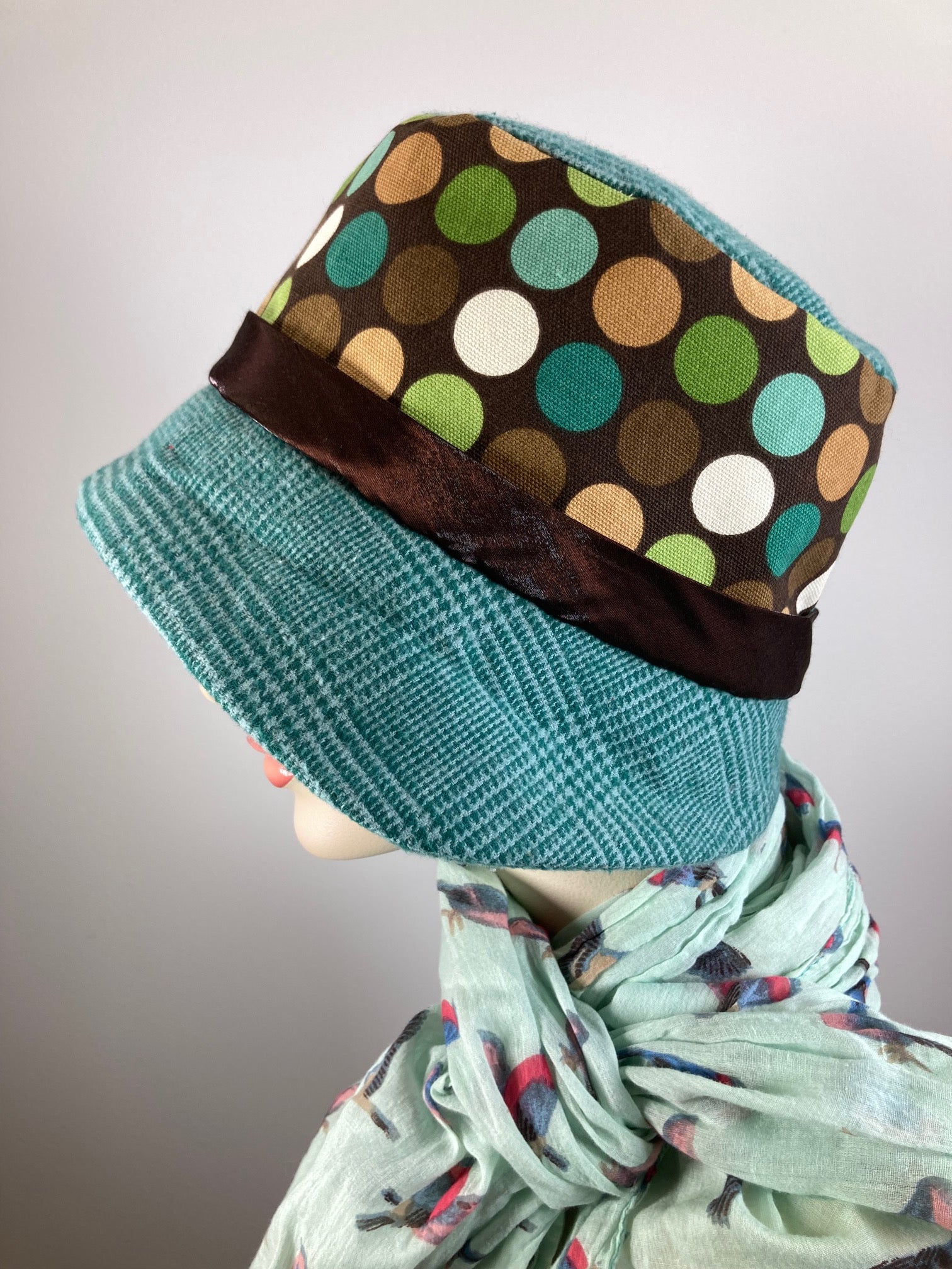 Teal, brown and green women's winter cloche hat. Ladies small brim bucket hat. Great Gatsby hat. Downton Abbey Hat.