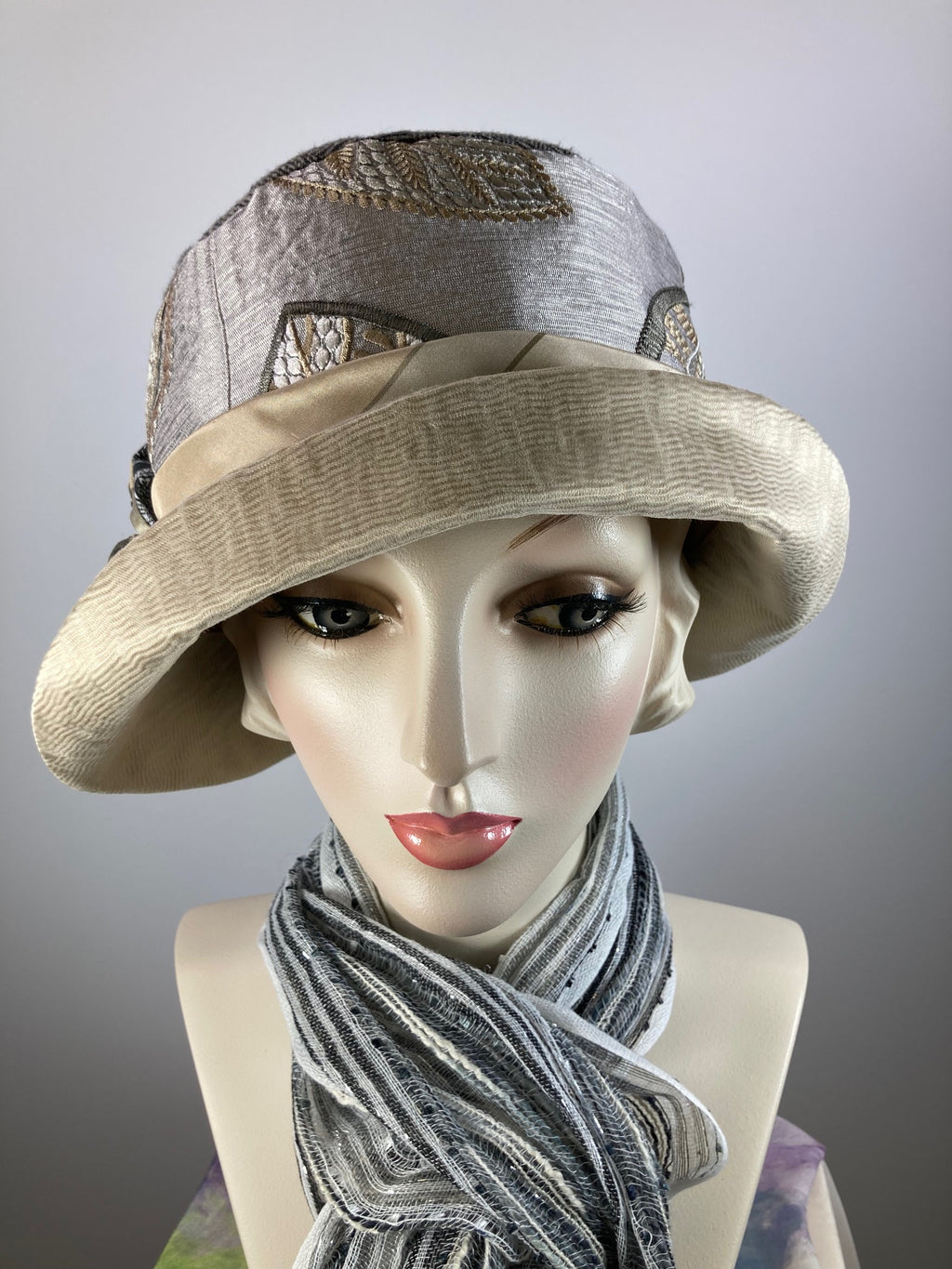 Gray, gold, beige, ivory women's winter cloche hat. Ladies small brim bucket hat. Great Gatsby hat. Downton Abbey Hat.