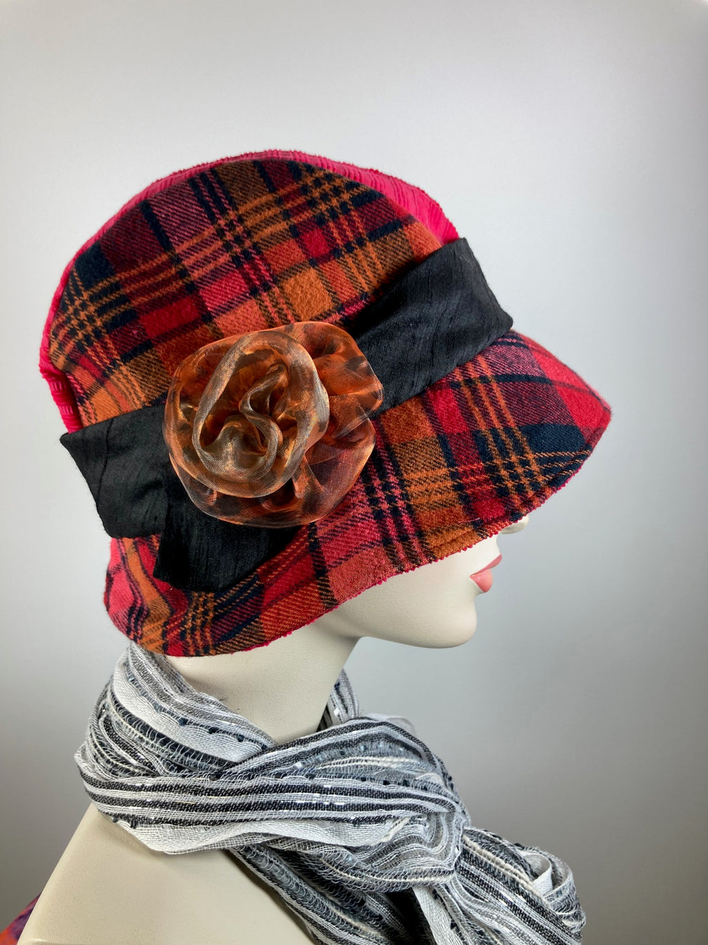Black, gold, orange red flannel cloche hat. Women's winter bucket hat. Ladies Small brim travel hat. Great Gatsby hat. Downton Abbey Hat.