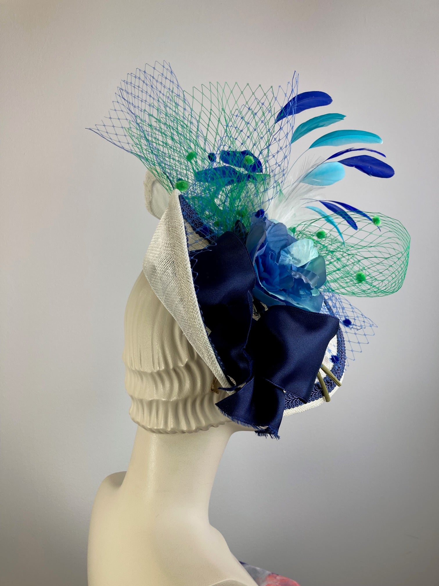 Fancy fascinator hat for women. Statement blue green Derby hat. Tea pa ...